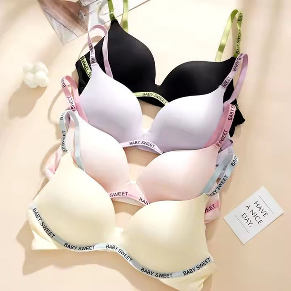 High Quality Light Padded Non Wired Sweet Babe Letter Straps T-Shirt Bra