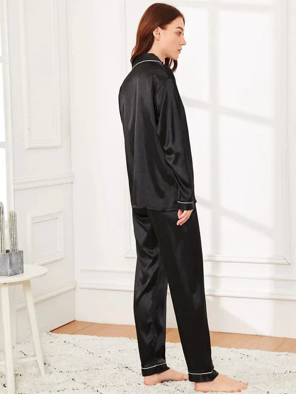 Black Plain Silk Pj Set