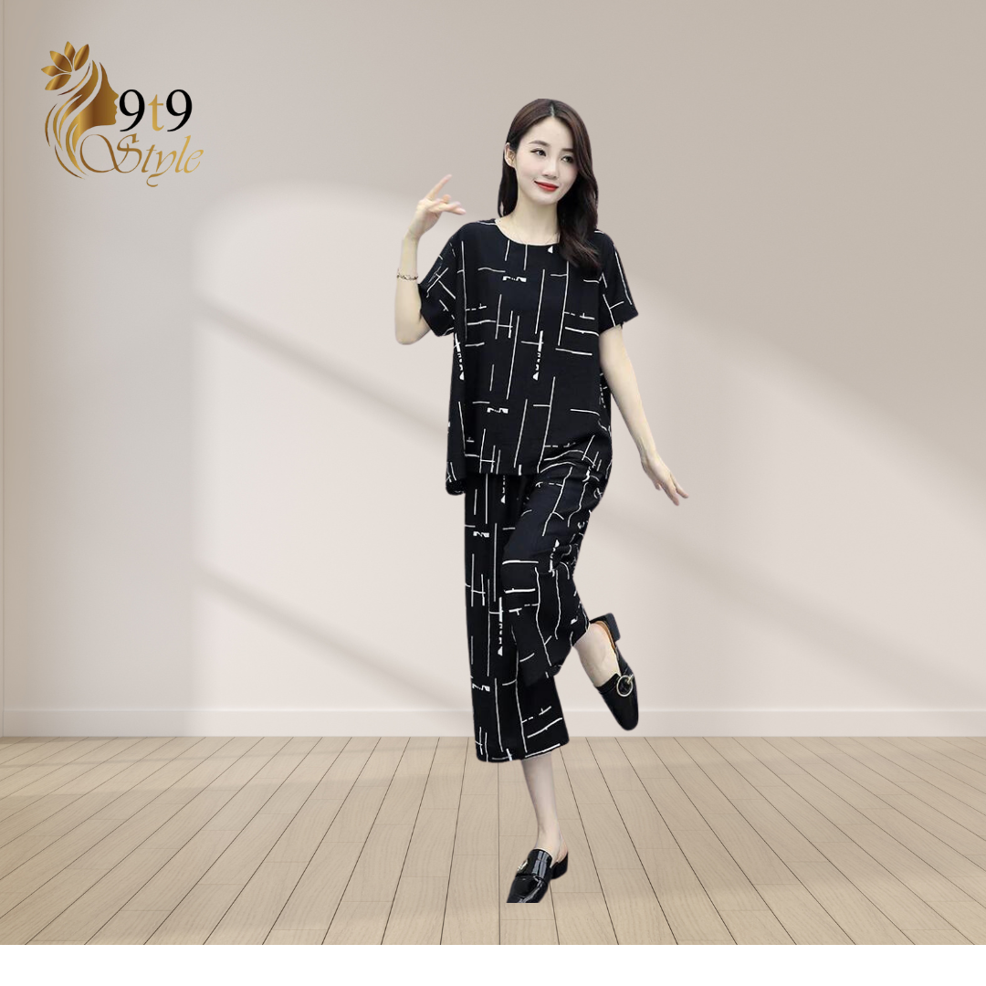 Black Printed Capri Night Suit