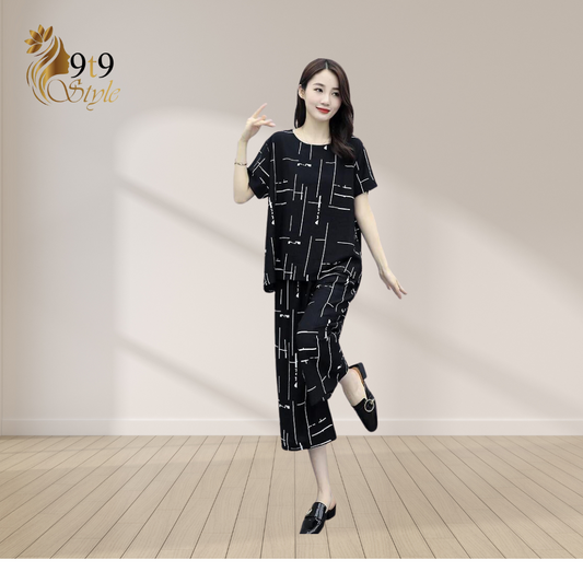 Black Printed Capri Night Suit