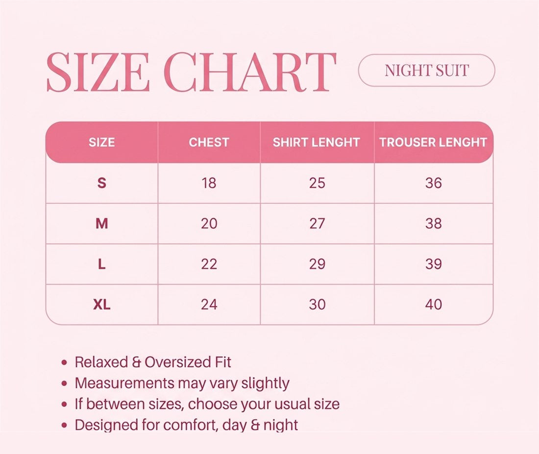 Night suit size chart: S chest 18, shirt 25, trouser 36; M chest 20, shirt 27, trouser 38; L chest 22, shirt 29, trouser 39; XL chest 24, shirt 30, trouser 40 (inches)