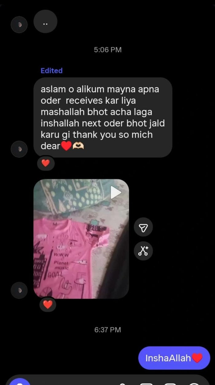 Customer WhatsApp message about their Bella Vista order