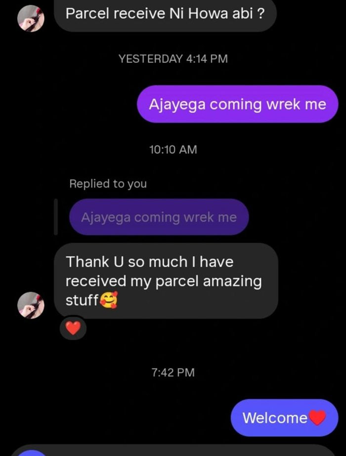 Customer WhatsApp message about their Bella Vista order