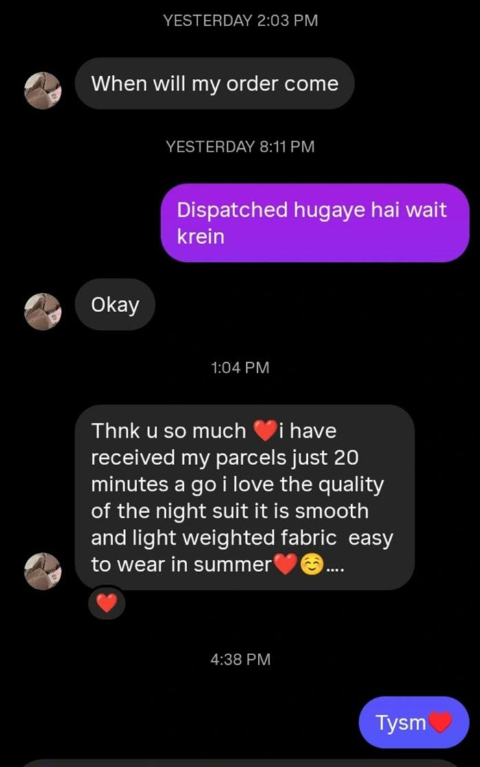Customer WhatsApp message about their Bella Vista order