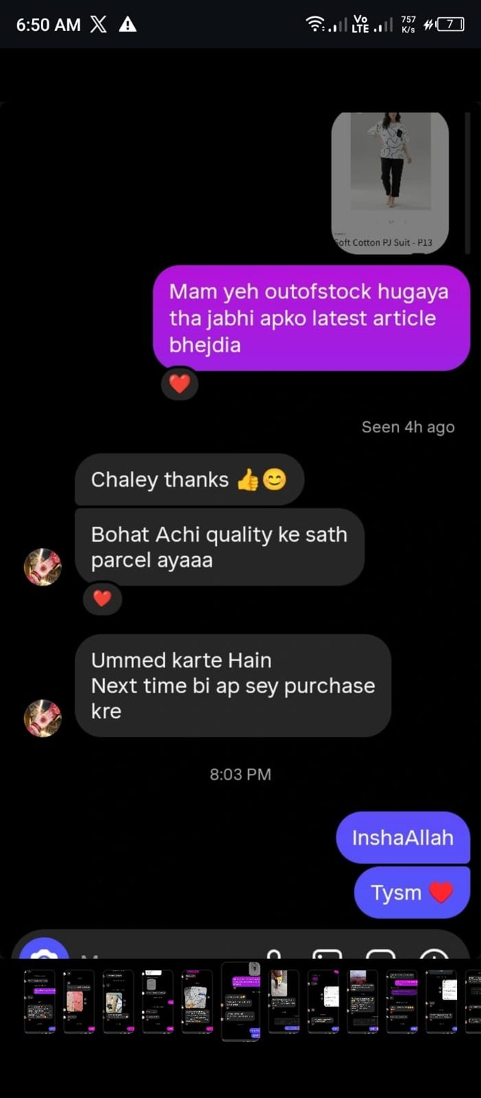 Customer WhatsApp message about their Bella Vista order