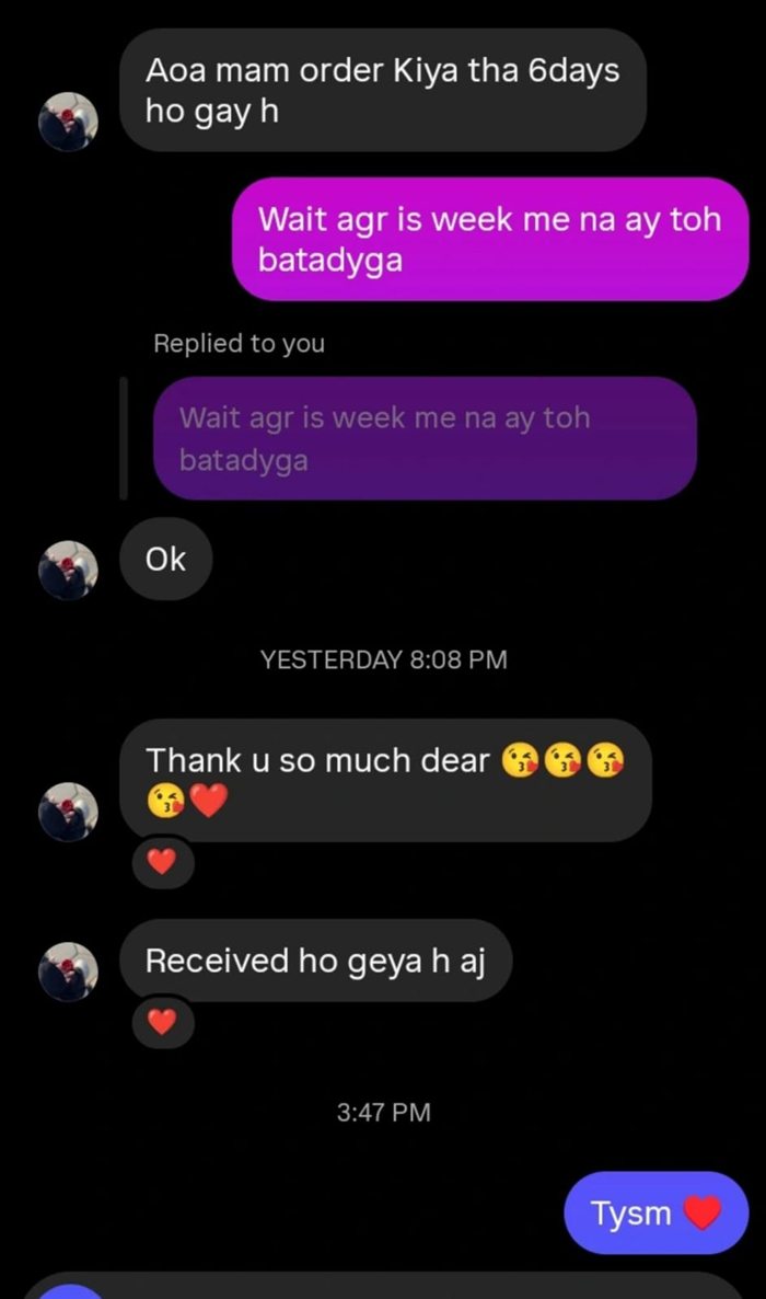 Customer WhatsApp message about their Bella Vista order
