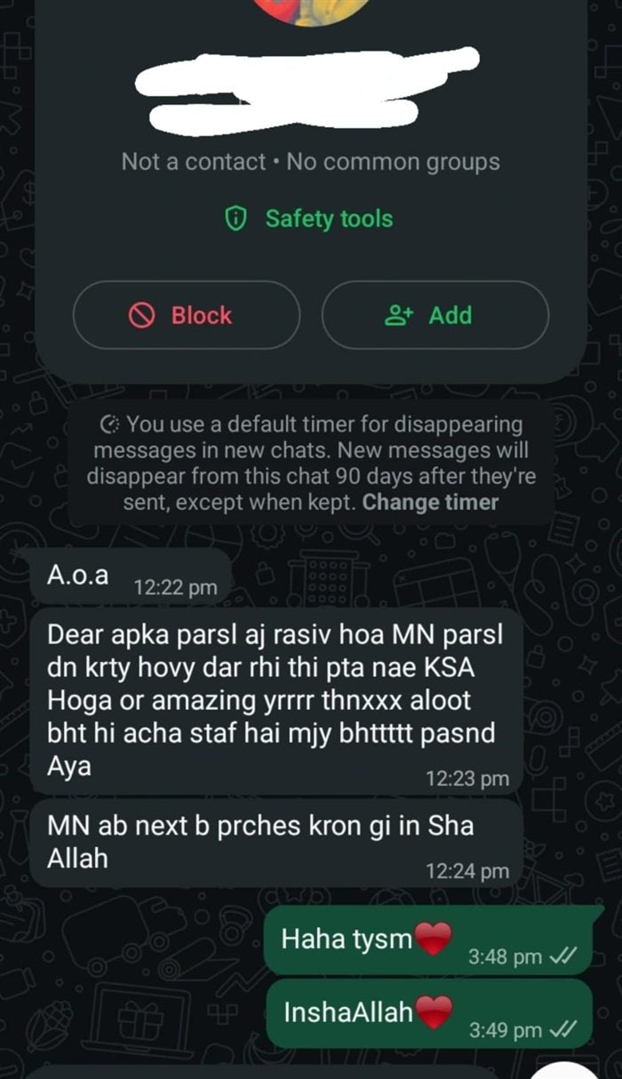 Customer WhatsApp message about their Bella Vista order