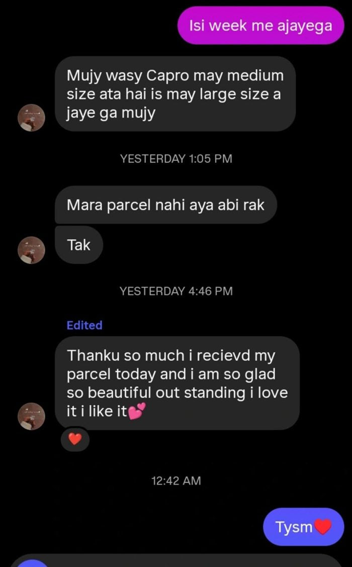 Customer WhatsApp message about their Bella Vista order