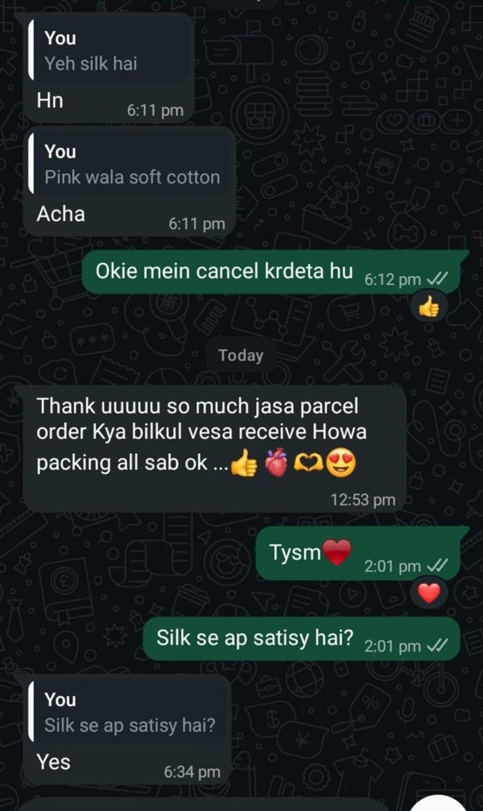 Customer WhatsApp message about their Bella Vista order