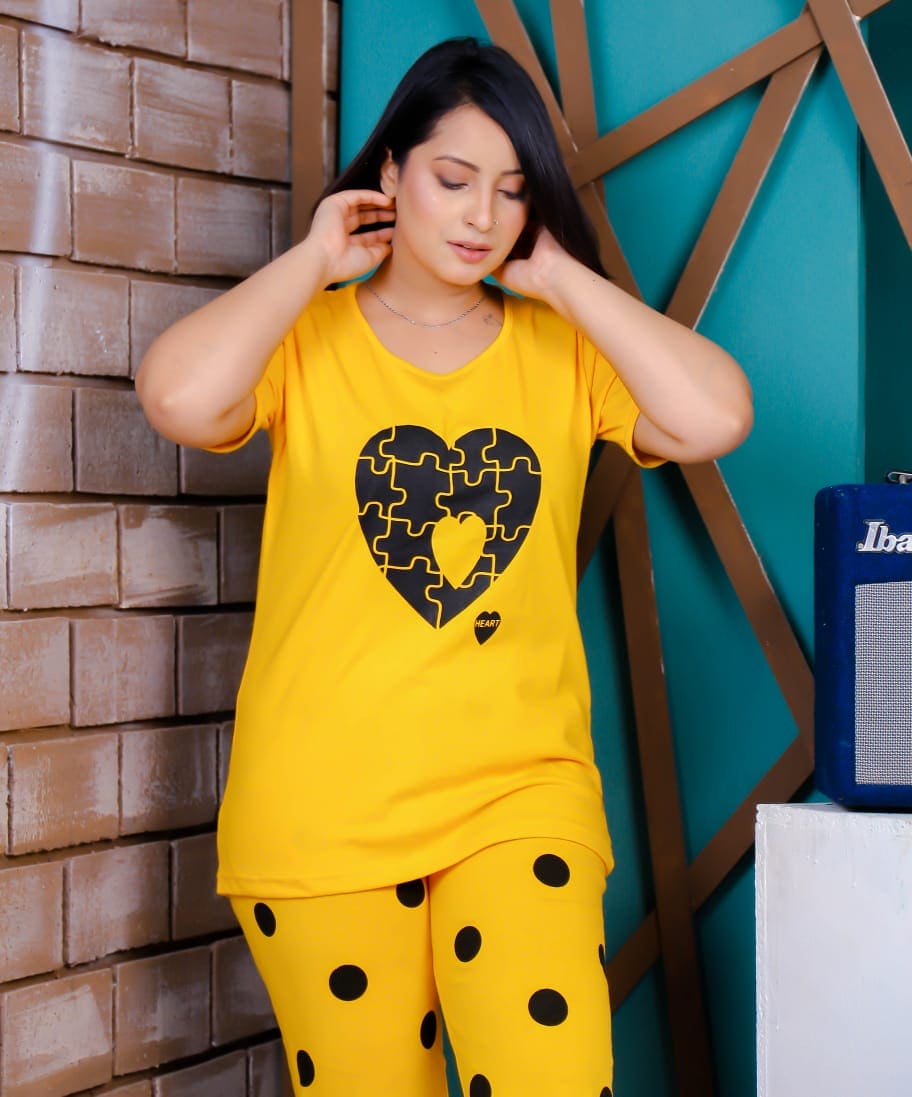 Yellow Double Heart Printed Night Suit