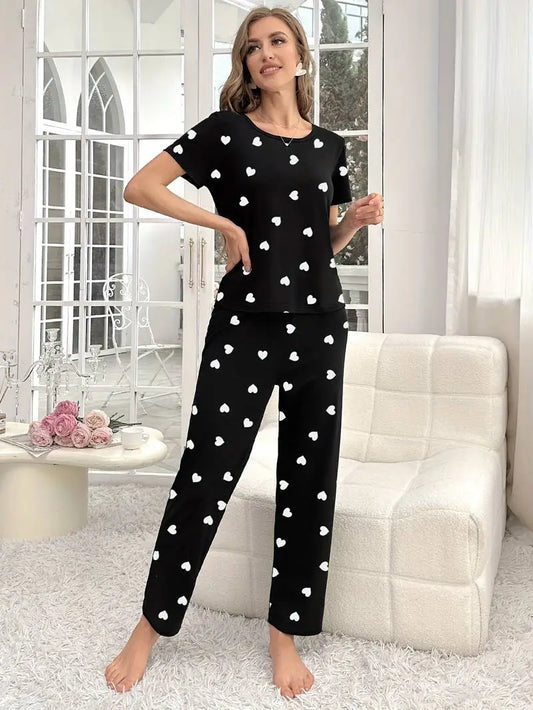 Black White Small Hearts Printed Night Suit