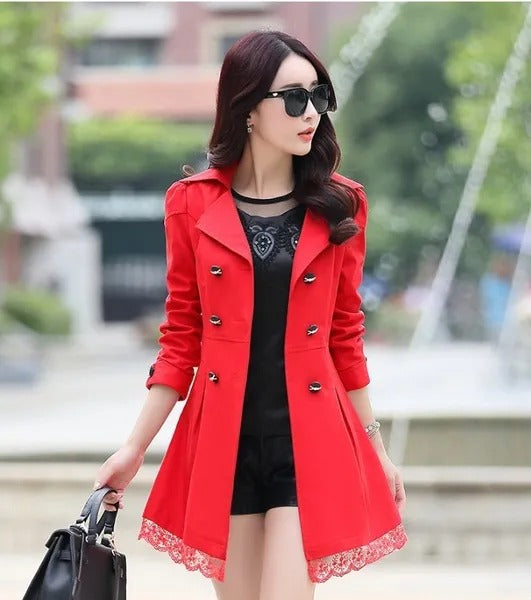 Red Women's Lace Trim Trench Coat Style Jacket