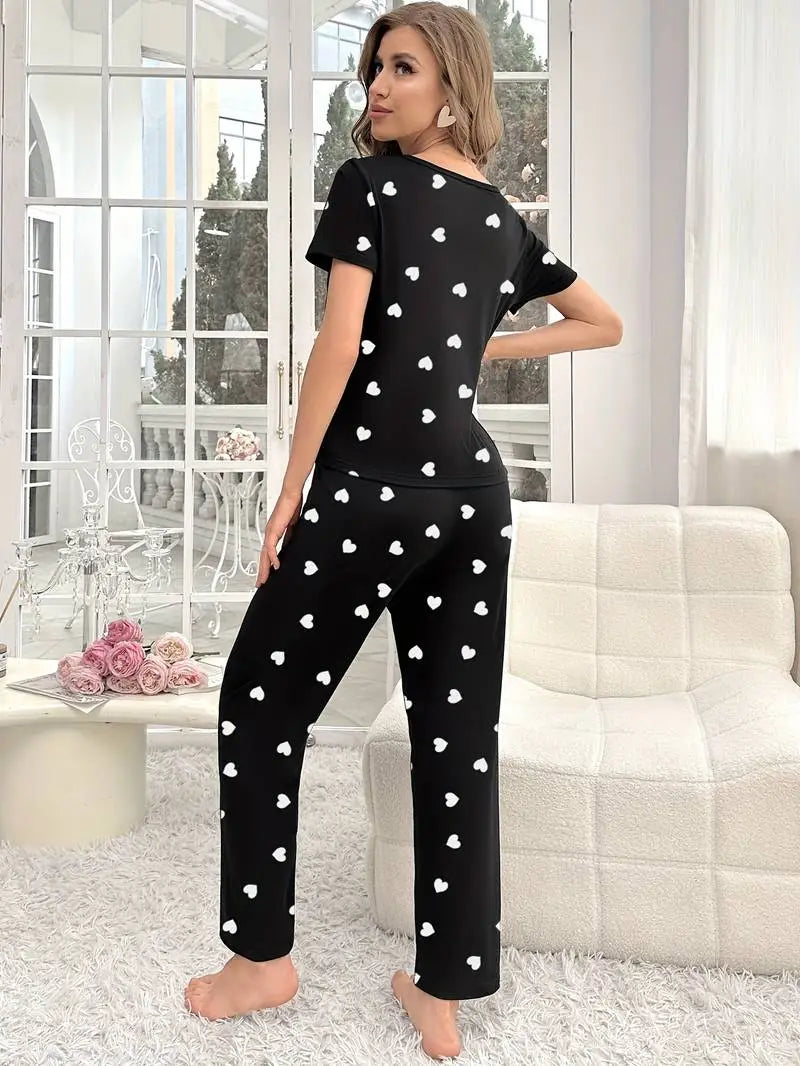 Black White Small Hearts Printed Night Suit