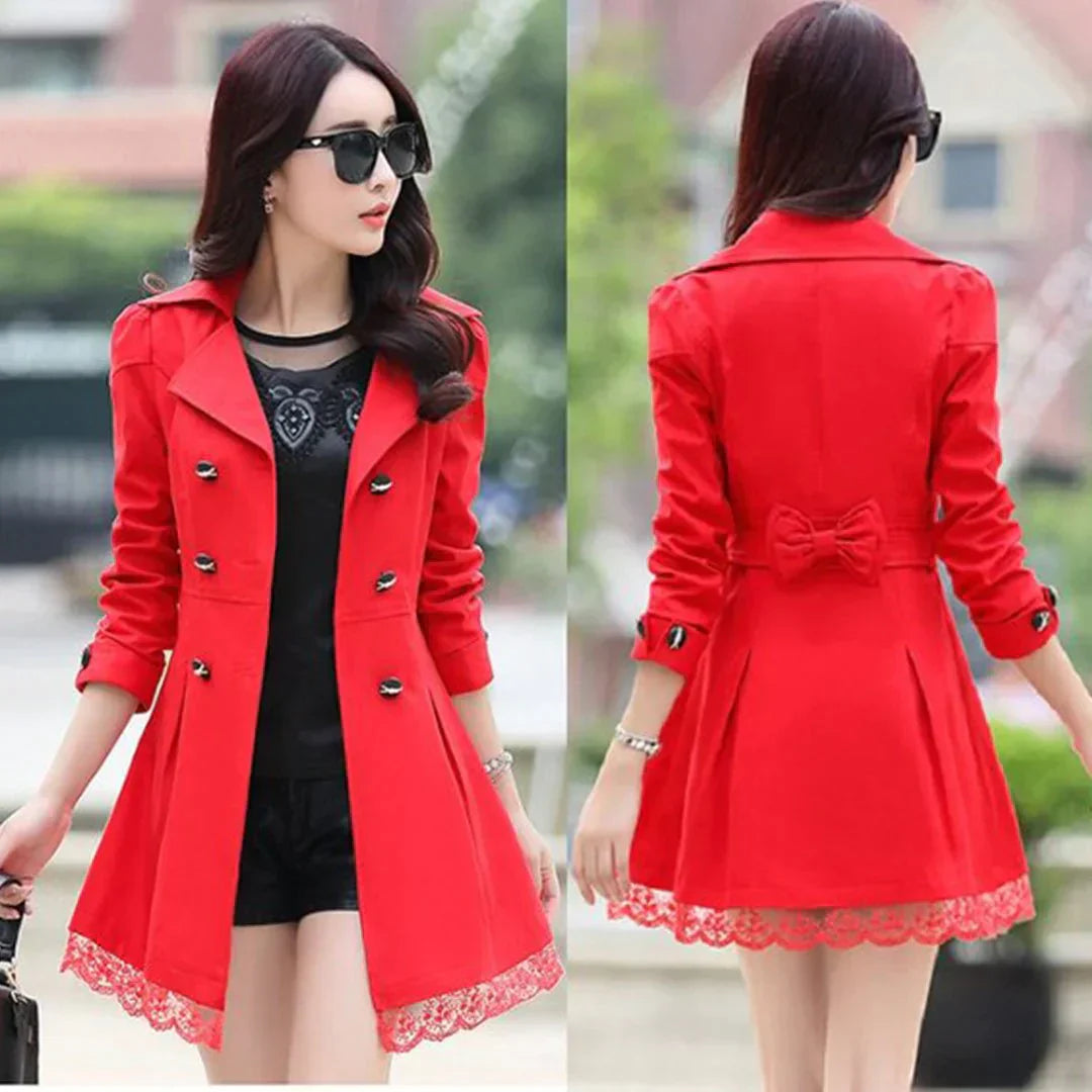 Red Women's Lace Trim Trench Coat Style Jacket