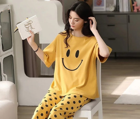 Yellow Smiley Printed Night Suit