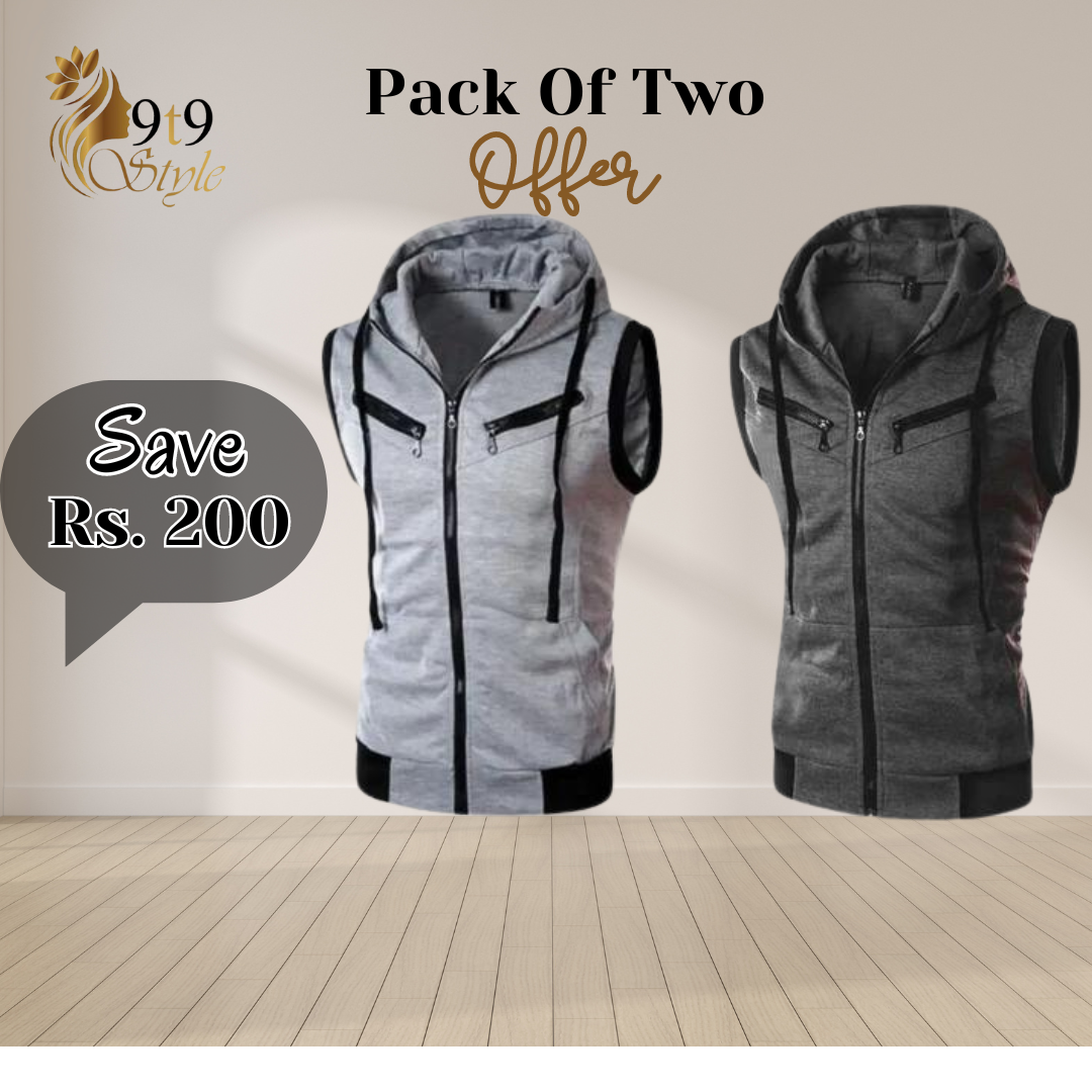 Grey With Charcoal Sleeveless Hooded Zipper Pack Of Two