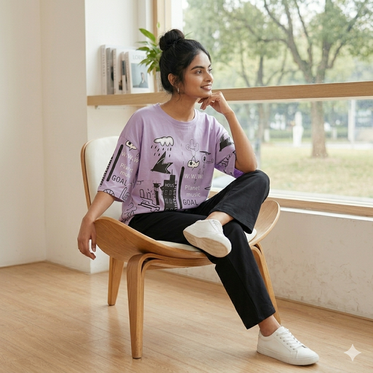 Purple Planet Printed Night Suit