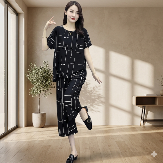Black Printed Capri Night Suit